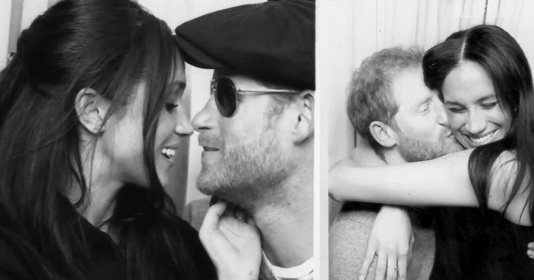 I serien kommer vi komma Meghan och Harry nära inpå privatlivet. Meghan Markle och Prins Harry fotar sig själva i ett fotobås i svartvitt, bilder från deras kommande dokumentärserie Harry & Meghan