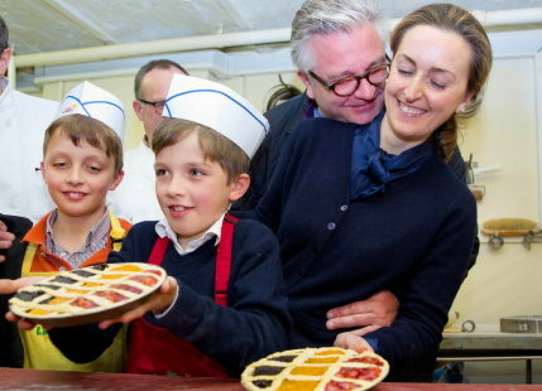 Belgium Prince Laurent, Princess Claire, Prince Nicolas and Prince Aymeric visits a bakery in belgium limburg for a a bake lesson of a Limburg pie and gingerbread of Hasselt
