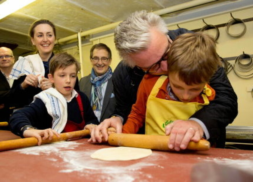 Belgium Prince Laurent, Princess Claire, Prince Nicolas and Prince Aymeric visits a bakery in belgium limburg for a a bake lesson of a Limburg pie and gingerbread of Hasselt