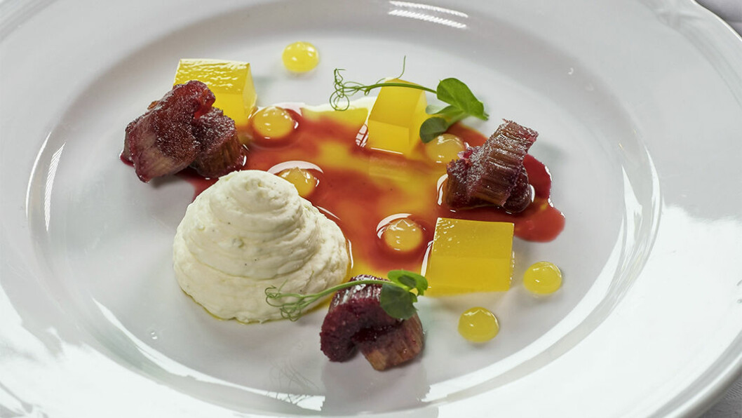 Dessert. Kokoscrème med syltad rabarber bjöds det på till dessert.