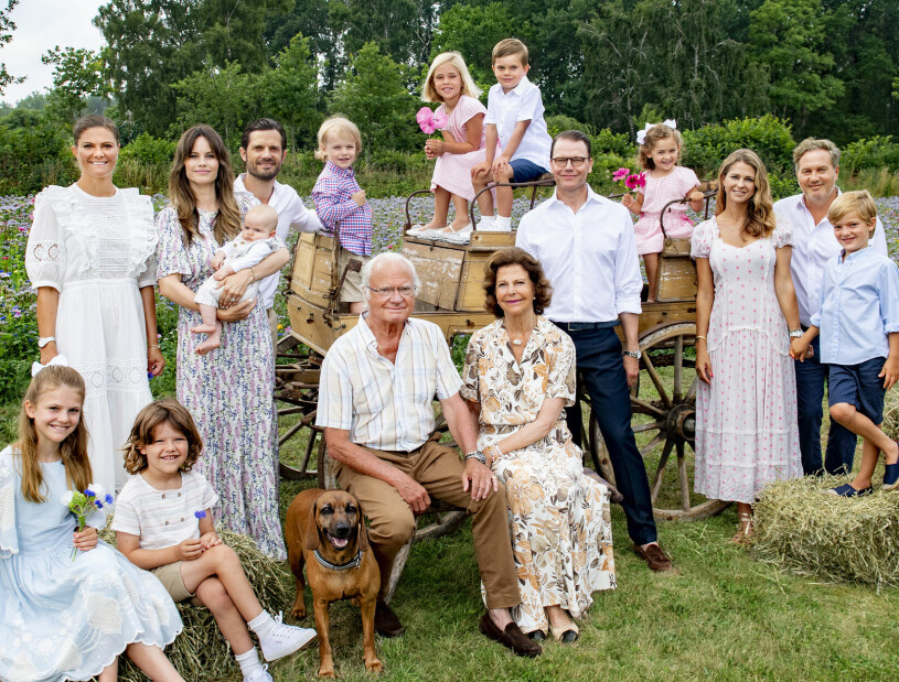 Drottning Silvia och de åtta barnbarnen: Från vänster prinsessan Estelle, 9, prins Alexander, 5, prins Julian, fyra månader, prins Gabriel, snart 4, prinsessan Leonore, 7, prins Oscar, 5, prinsessan Adrienne, 3, och prins Nicolas, 6. Drottning Silvia med sina barnbarn: Prinsessan Estelle, prins Alexander, prins Julian, prins Gabriel, prinsessan Leonore, prins Oscar, prinsessan Adrienne, prins Nicolas
