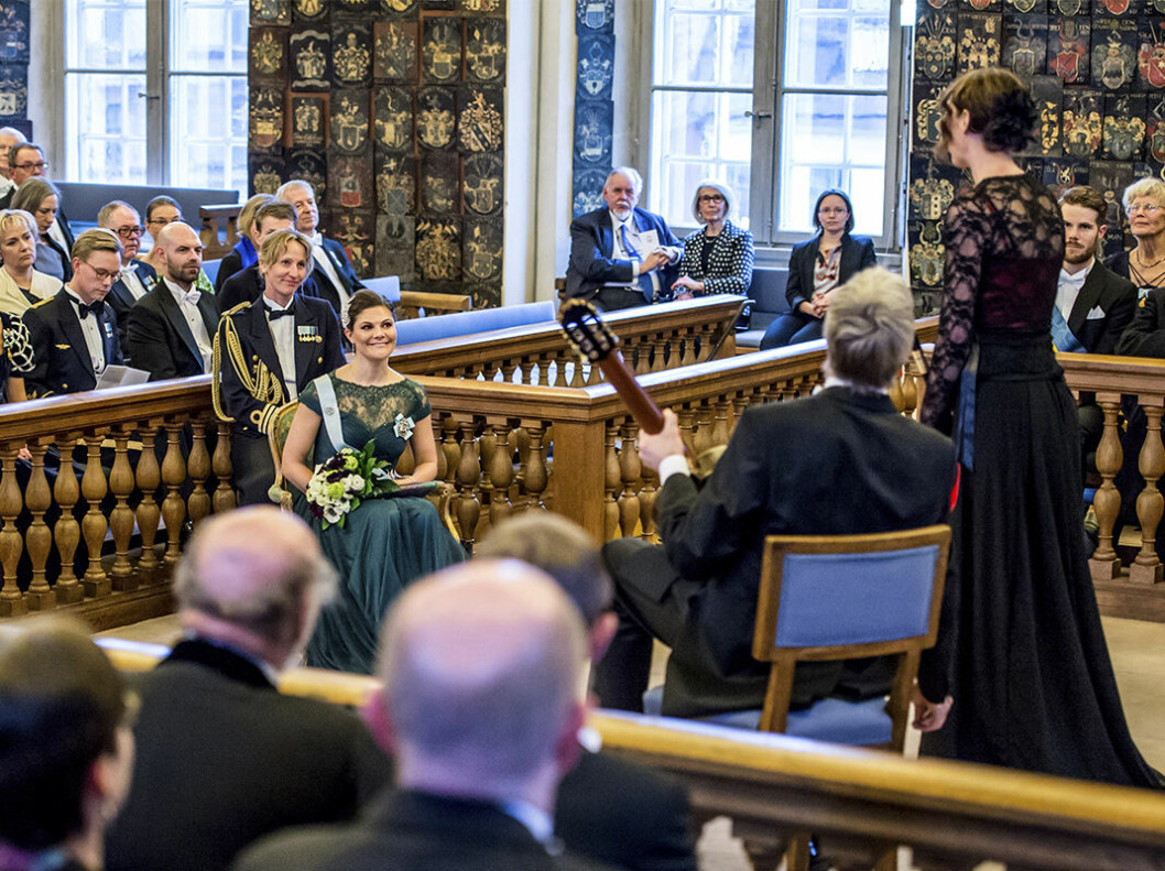 Kronprinsessan Victoria är en van gäst i Riddarhuset. Här vid Kungliga Vitterhetsakademiens årshögtid som brukar äga rum i Riddarhussalen.