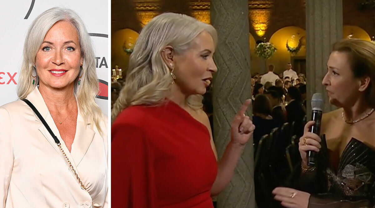 Här säger Pernilla Månsson Colt till gästen i Nobel-sändningen: "Vi lugnar oss lite nu!"