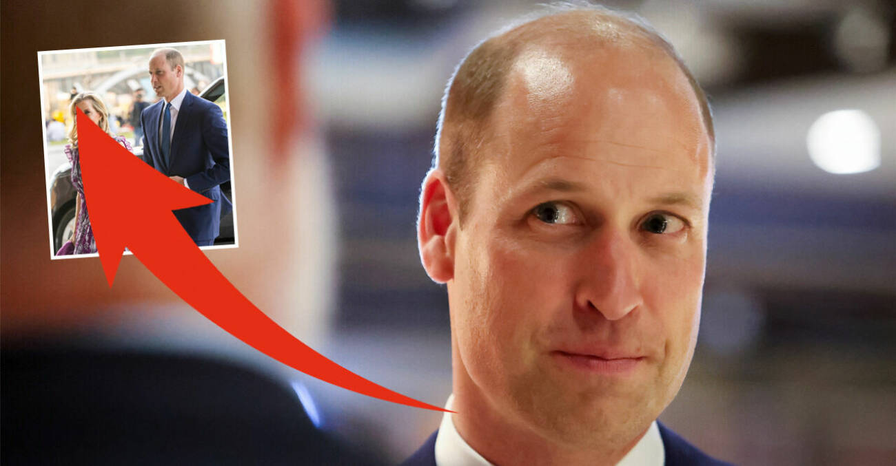 Närbild på prins William. En röd pil pekar på en annan bild på William som går bredvid en blond kvinna.