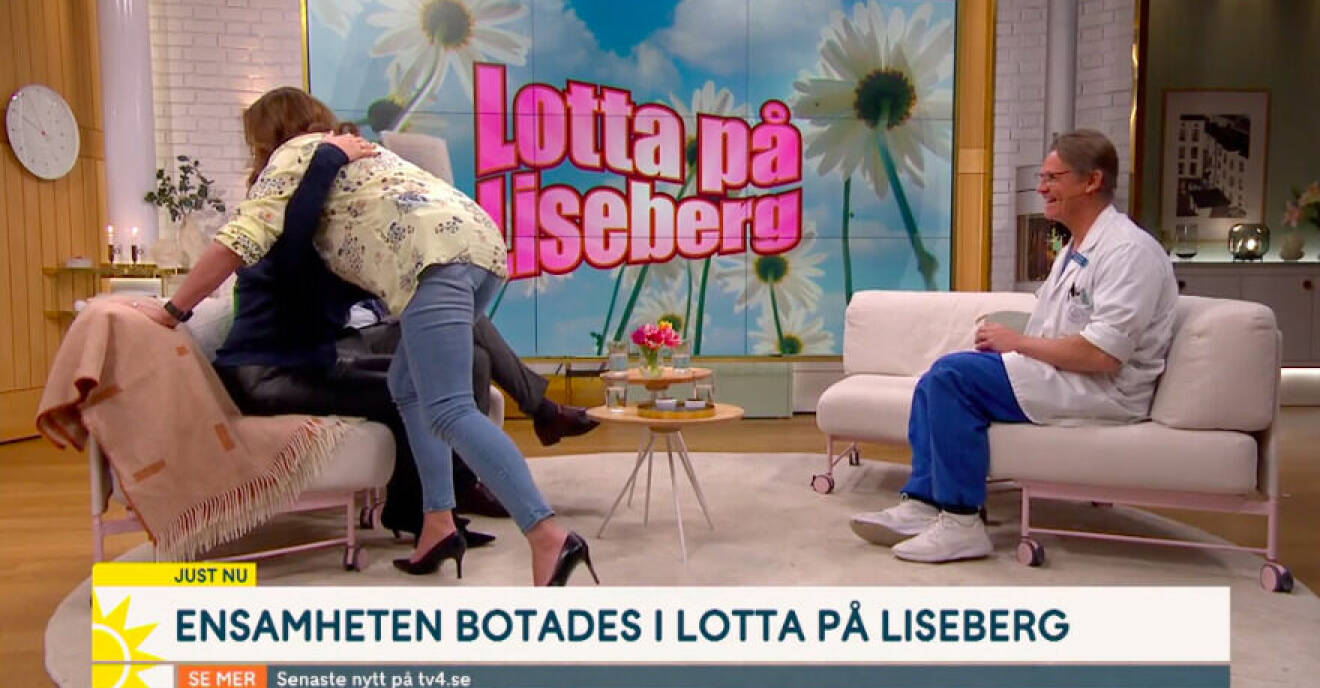 Lotta Engberg tröstar Soraya Lavasani i Nyhetsmorgon