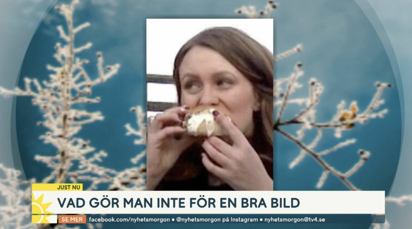 En bild i Nyhetsmorgon på TV4-ankaret Maria Snellman som äter en semla