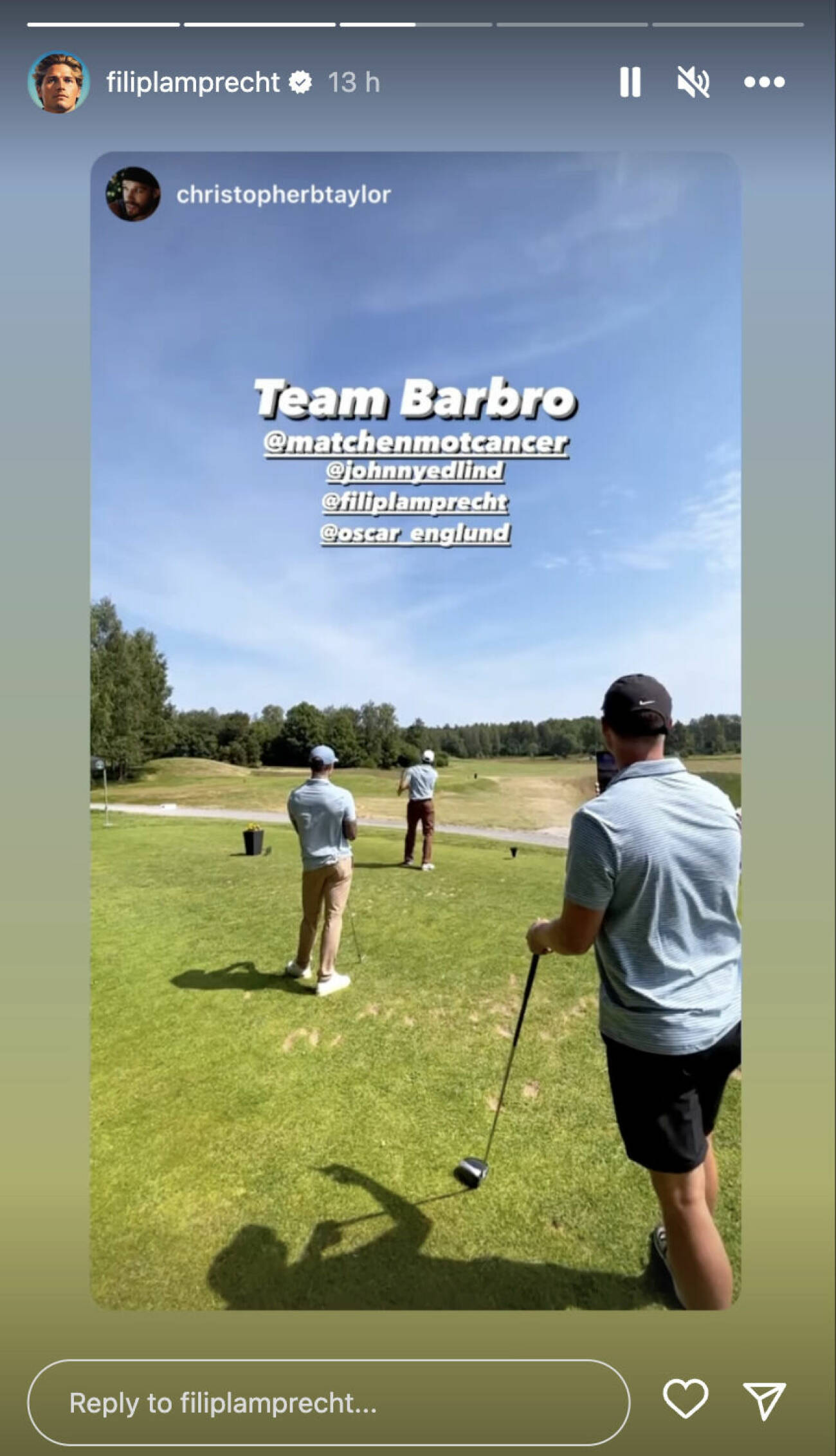 Ett foto från Filip Lamprechts Instagram-story, när han spelar golf