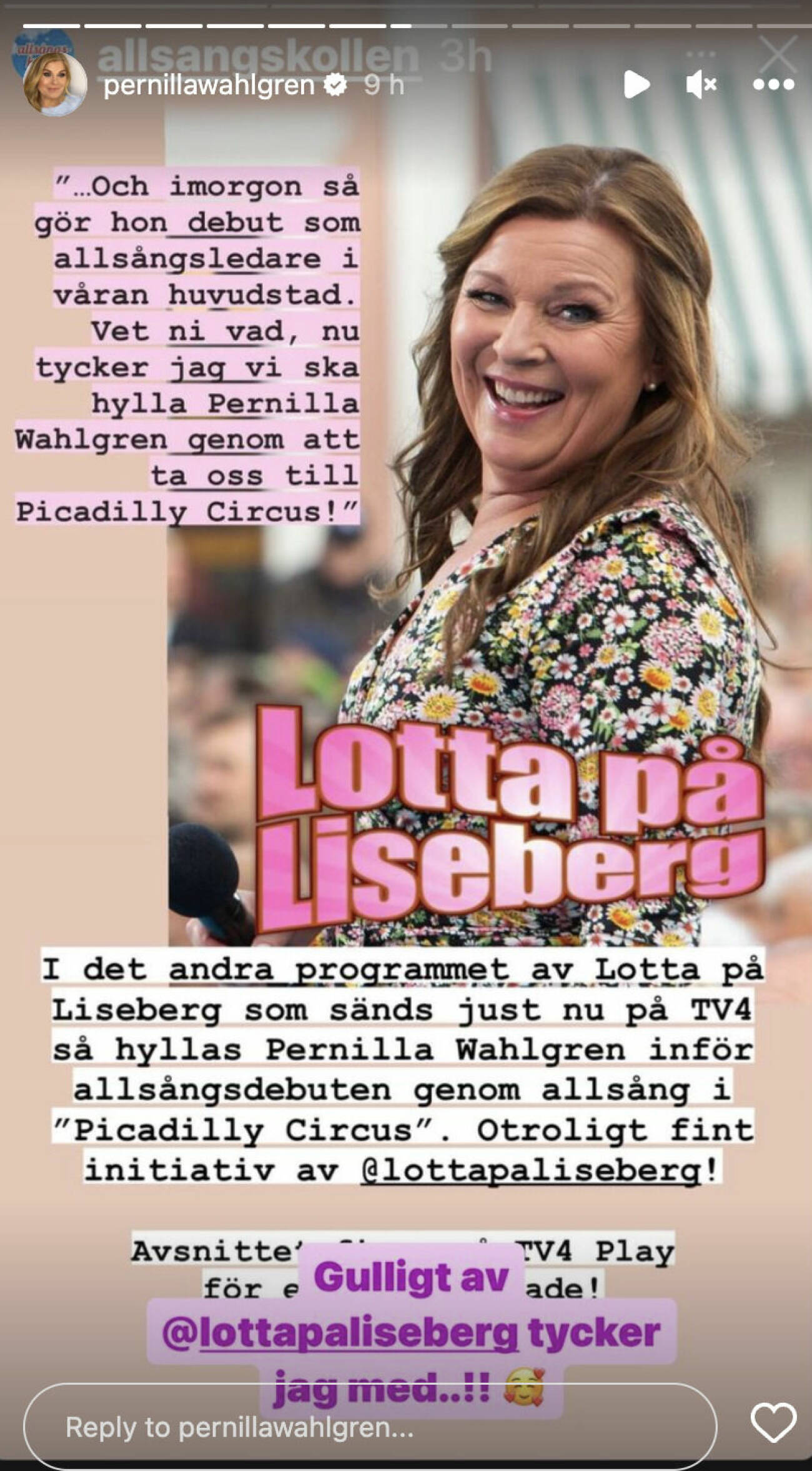 Ett foto från Pernilla Wahlgrens Instagram-story, med ett foto på Lotta Engberg
