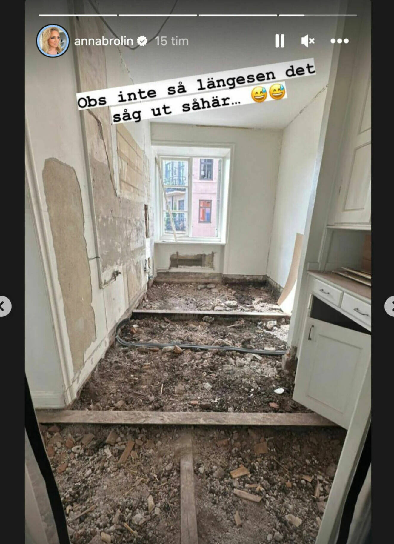En bild från Anna Brolins Instagram-story, på ett rivet kök