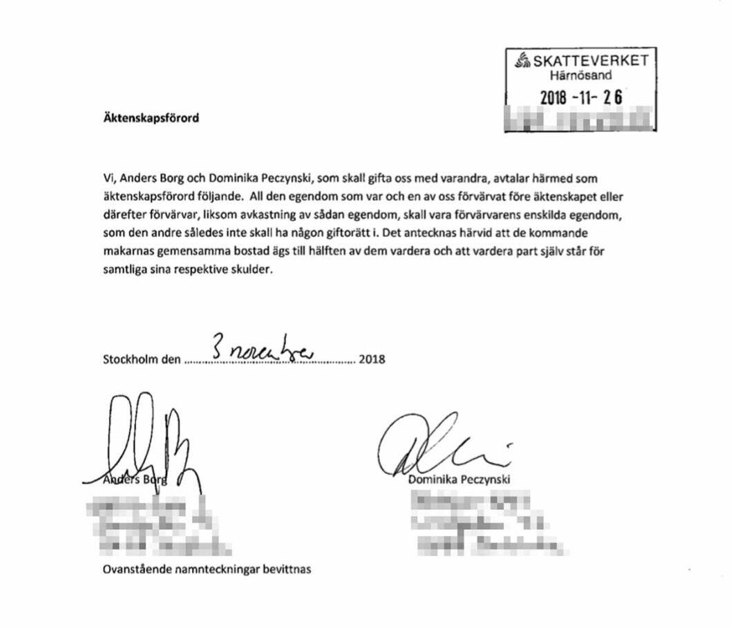 Före detta finansministern Anders Borg och pr-drottningen Dominika Peczynski äktenskapsförord Före detta finansministern Anders Borg och pr-drottningen Dominika Peczynski äktenskapsförord