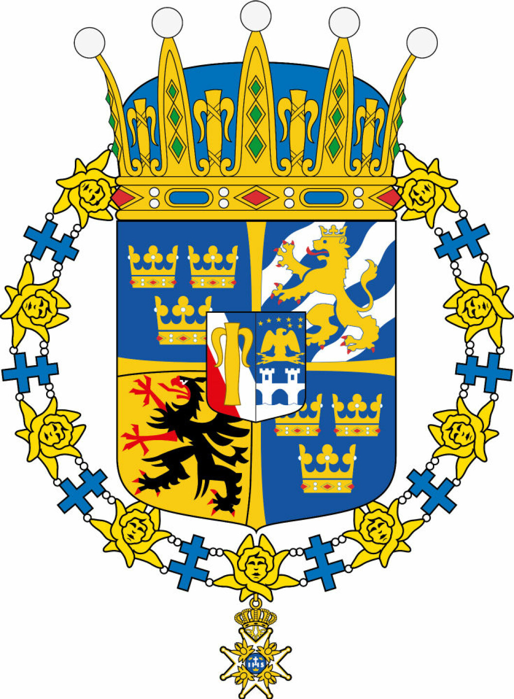 Prins Alexanders vapensköld. Hjärtskölden i mitten visar ätten Bernadottes vapen och det fjärde fältet visar lillprinsens hertigdöme Södermanland.