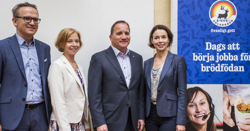 Statsminister Stefan Löfven (S) besökte Polarbröd i Älvsbyn 2016. Från vänster: Anders E Johansson, marknadsdirektör, Karin Bodin, VD och Anna Borgeryd, styrelseordförande. Anders E Johansson, Karin Bodin, Stefan Löfven och Anna Borgeryd