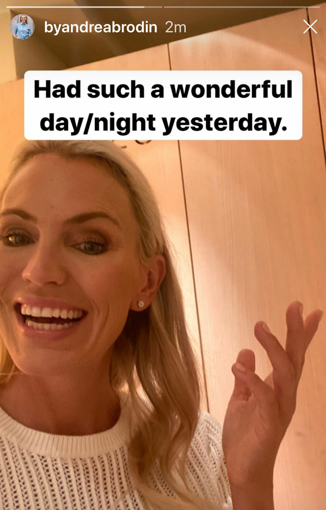 Så här glad var Andrea dagen efter möhippan. Bilden la hon ut på sina stories på Instagram. Andrea Brodin och hennes möhippa - bild från hennes stories på Instagram.