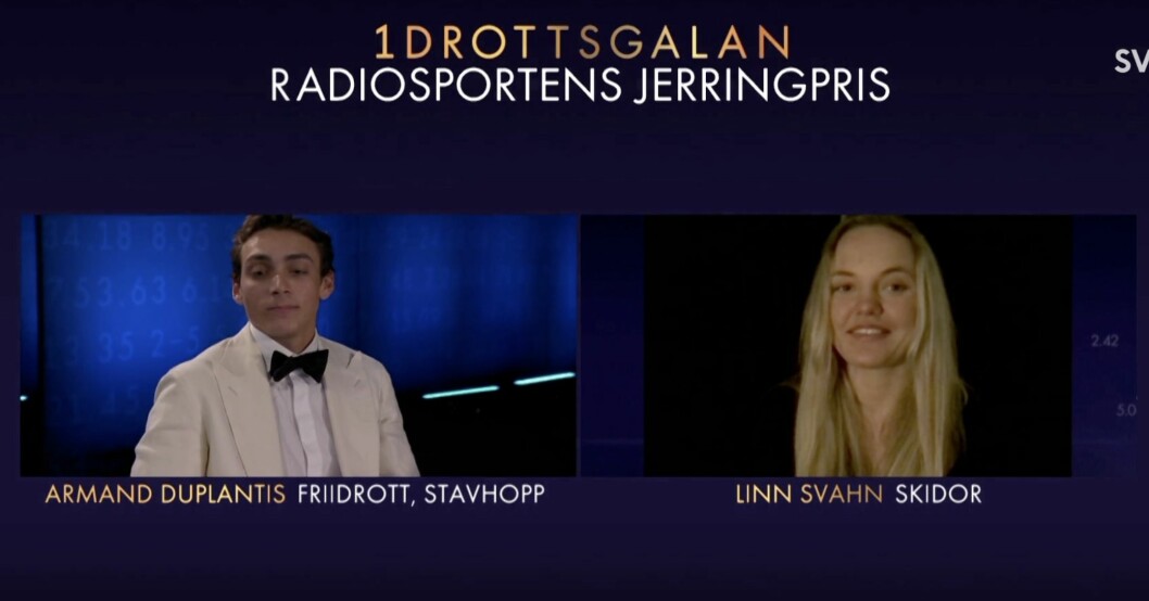 Armand och Linn fick vänta sexton sekunder på beskedet på Idrottsgalan. Armand Duplantis och Linn Svahn på Idrottsgalan