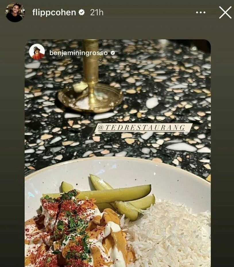 Benjamin Ingrosso är ingen främling för att äta på Phillipe Cohens resturanger. Benjamin Ingrosso visar korvstroganoff som han äter på Phillipe Cohens resturang