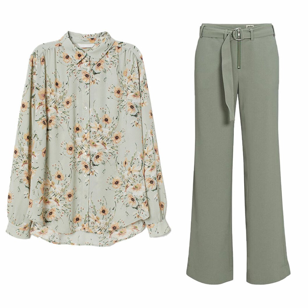 Blommig blus och gröna byxor