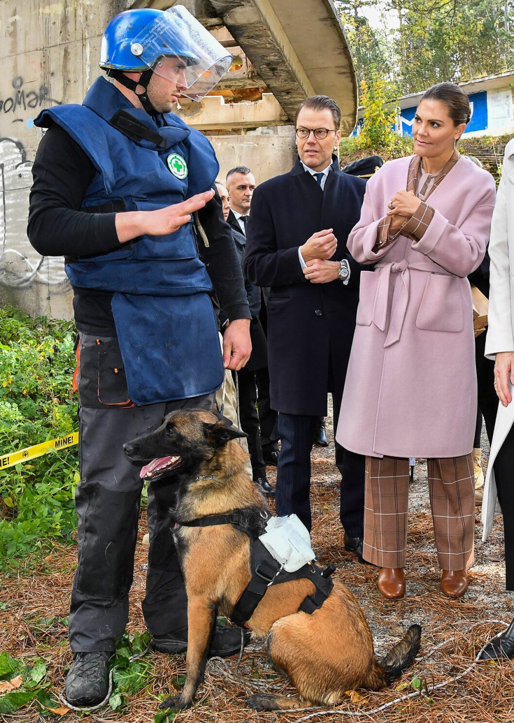 Vilket jobb de här hundarna gör! Victoria lyssnade imponerat. Kronprinsessan Victoria och prins Daniel i Bosnien och Hercegovina där de besökte Mine Action Group och träffade Jonas Zachrisson som utbildar minröjningshundar.