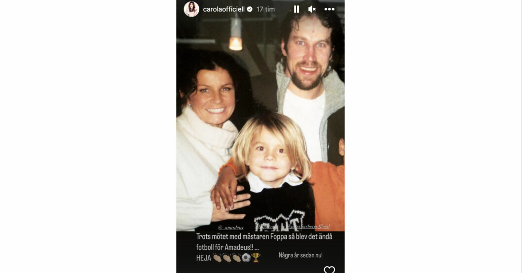Carola Häggkvist visar upp träffen med Peter "Foppa" Forsberg. Carola Häggkvist, Amafeus Söögard och Peter Forsberg