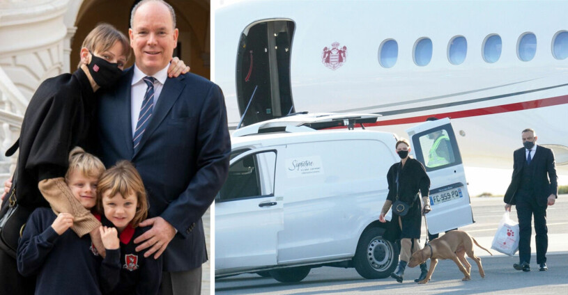 Charlenes återkomst, efter mer än ett halvår. En omtumlande dag. Furstinnan Charlene Furst Albert Barnen Privatjet Hund