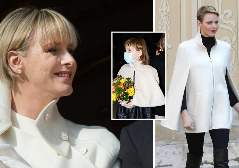 Charlene i cape – och i luggfrisyr. Precis som dottern Gabriella nu. Furstinnan Charlene Prinsessan Gabriella cape lugg page
