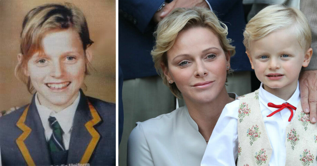 På bilden till vänster ser vi ett skolfoto på Charlene Wittstock i unga år. Det är inte svårt att se vem prins Jacques brås på
