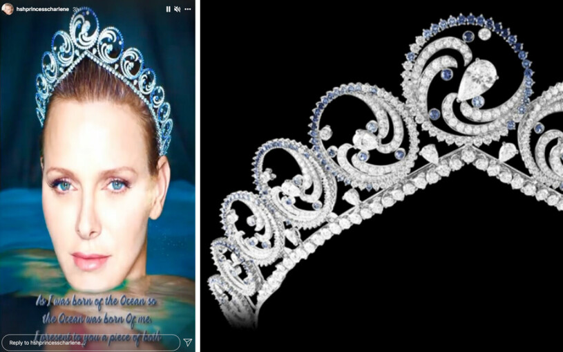 Charlene i vattnet med sitt diadem (döpt till The Ocean Tiara). Det är besatt med 359 safirer och 850 diamanter och specialdesignades till Monacos nya furstinna av hovjuveleraren Van Cleef & Arpels. Furstinnan Charlenes tiara från Van Cleef and Arpels