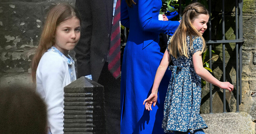 Prinsessan Charlotte i liknande klänningar från repetitionen och påskfirandet 2023. Foto: TT. Prinsessan Charlotte