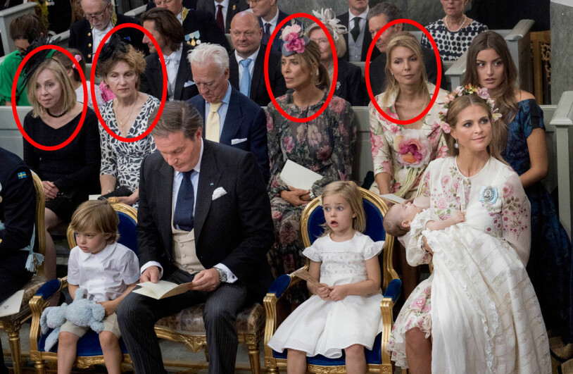 Fyra av Chris fem systrar på prinsessan Adriennes dop 2018. Från vänster: Karen O’Neill, Annalisa O’Neill, Tatiana d’Abo och Natascha Abensperg und Traun. Chris O’Neills systrar på prinsessan Adriennes dop 2018.