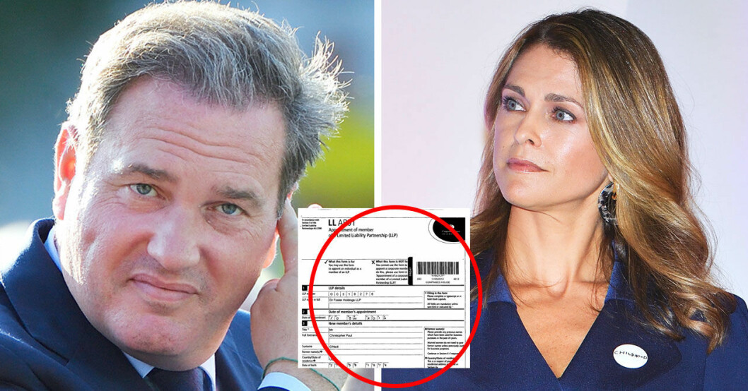 Dokumentet som visar att Chris O'Neill är partner i bolaget Gloucester Rain LLP. Chris O'Neill och prinsessan Madeleine.