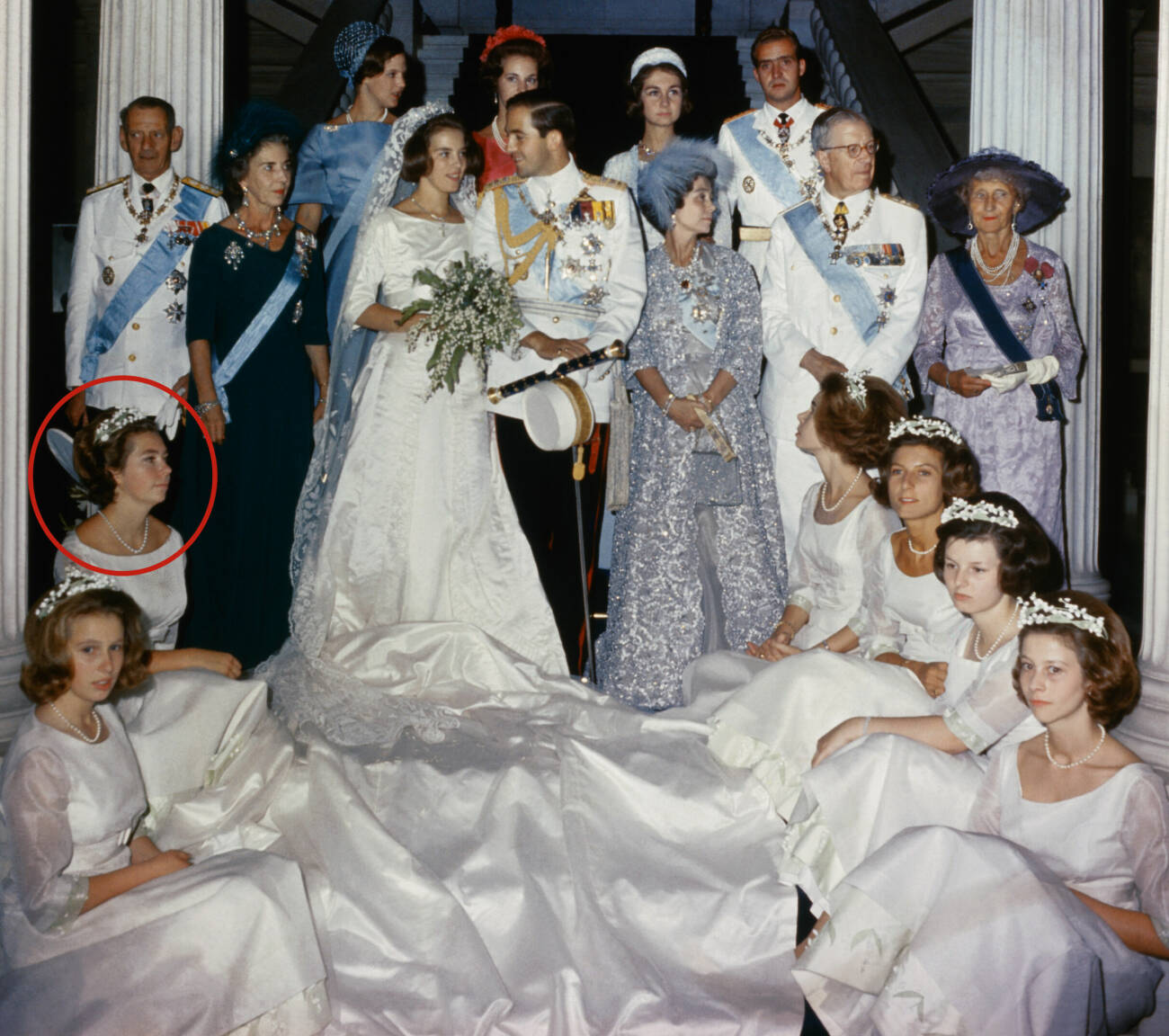 Prinsessan Christina som tärna på kung Konstantins och drottning Anne-Maries bröllop i Aten 1964