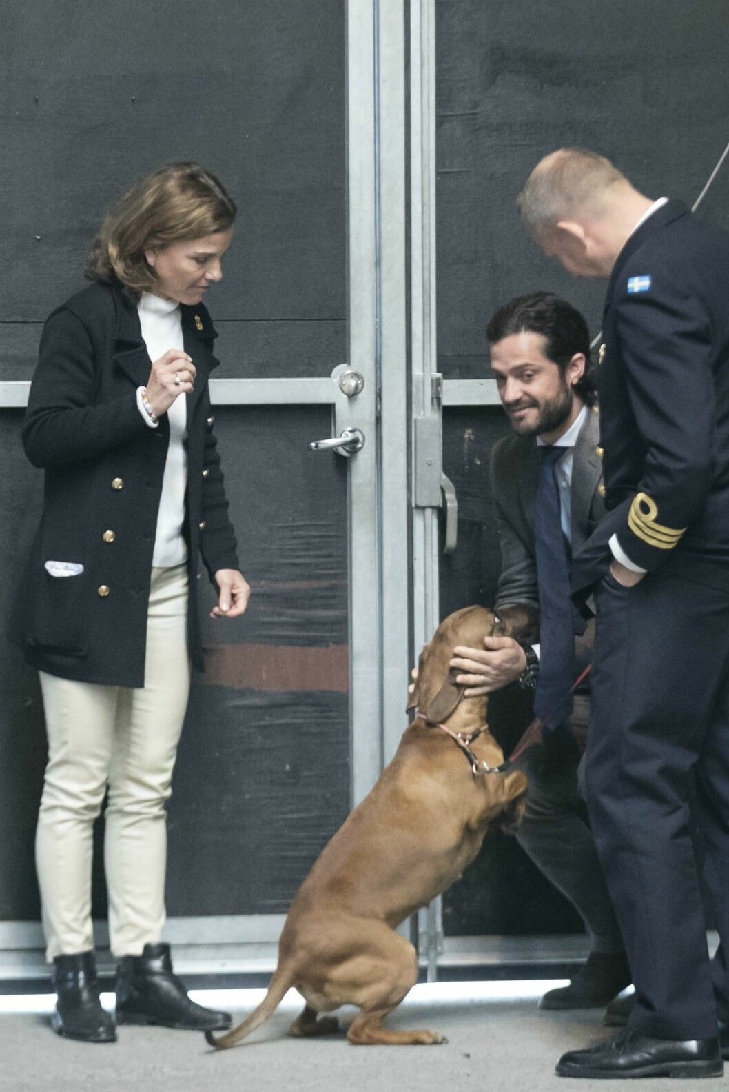 Prinsen passade på att kela lite med kungens hund Brandie.