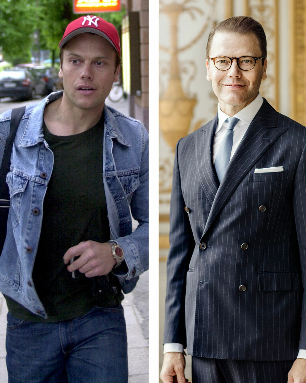 Daniel då och nu. På bilden till vänster är han 28 och den togs samma dag som förhållandet med kronprinsessan Victoria blev känt. Till höger ser du honom på hovets födelsedagsbild från i höstas, när han fyllde 46. Daniel Westling och prins Daniel då och nu.