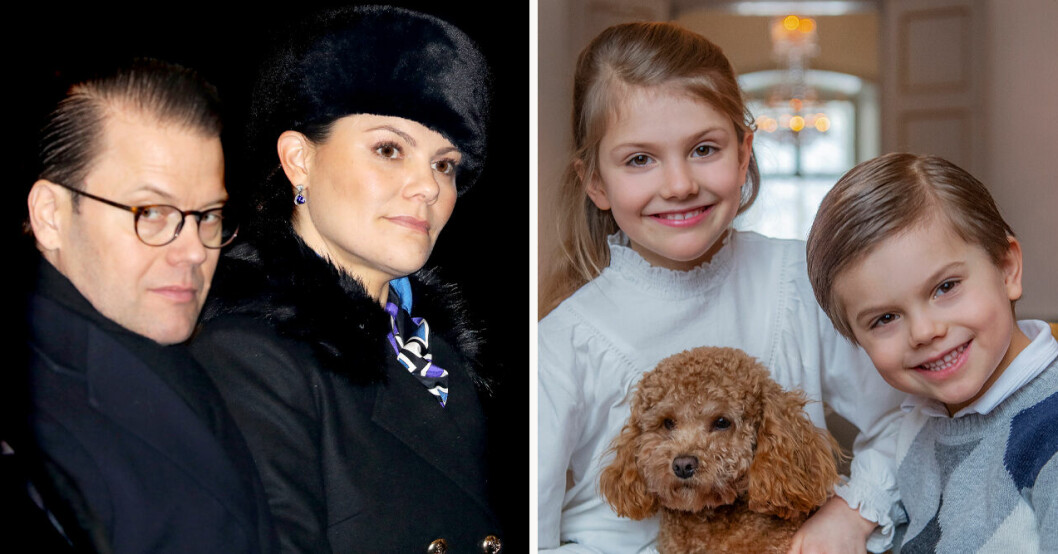 Prins Daniel, kronprinsessan Victoria, prinsessan Estelle, prins Oscar och hunden Rio