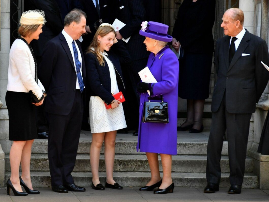 Serena, David och dottern med Elizabeth och Philip. Thanksgiving, Westminster Abbey, London, 2017.