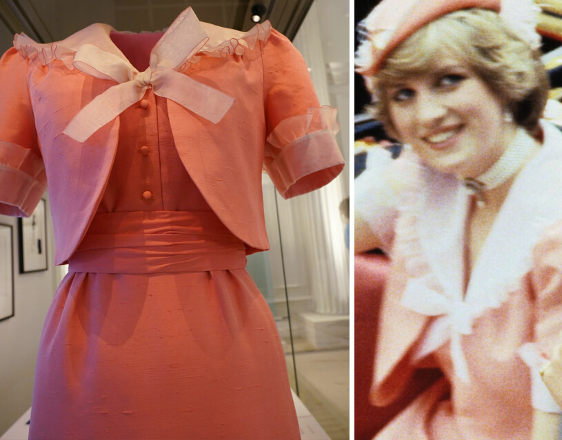 Harry och William har både lånat ut Dianas brudklänning och hennes smekmånadsdress i 1980-talstrendigt aprikos. Prinsessan Dianas smekmånadsklänning Utställning London 2021