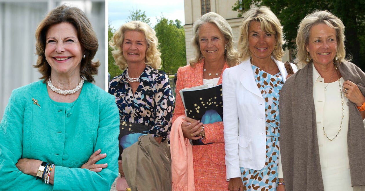 Fyra av drottningens väninnor; Catharina Stenbock Lewenhaupt, Elisabeth Fernström, Agneta Kreuger och Agneta Banér på Drottningholmsteatern. Drottning Silvia