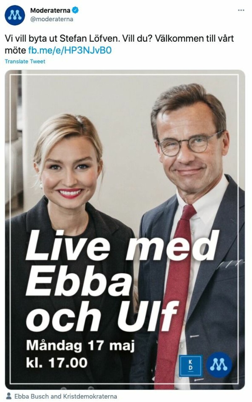 Bilden som fått internet att klia sig i huvudet! Foto: Twitter/Moderaterna Ebba Busch och Ulf Kristersson reklam
