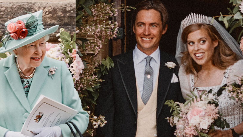 Drottning Elizabeth på prinsessan Beatrices bröllop sommaren 2020. Drottning Elizabeth på Prinsessan Beatrices och Edoardo Mapelli Mozzis bröllop
