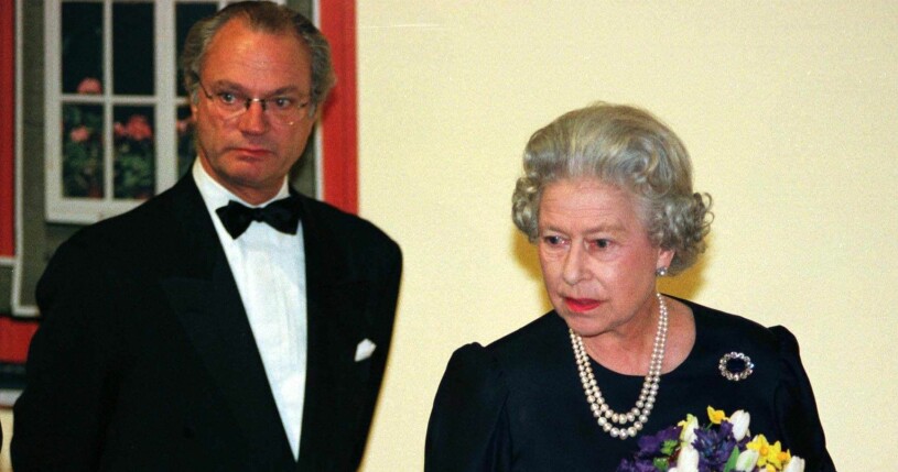 Kungen och drottning Elizabeth på galamiddag i London, 1997. Foto: Kung Carl Gustaf och drottning Elizabeth