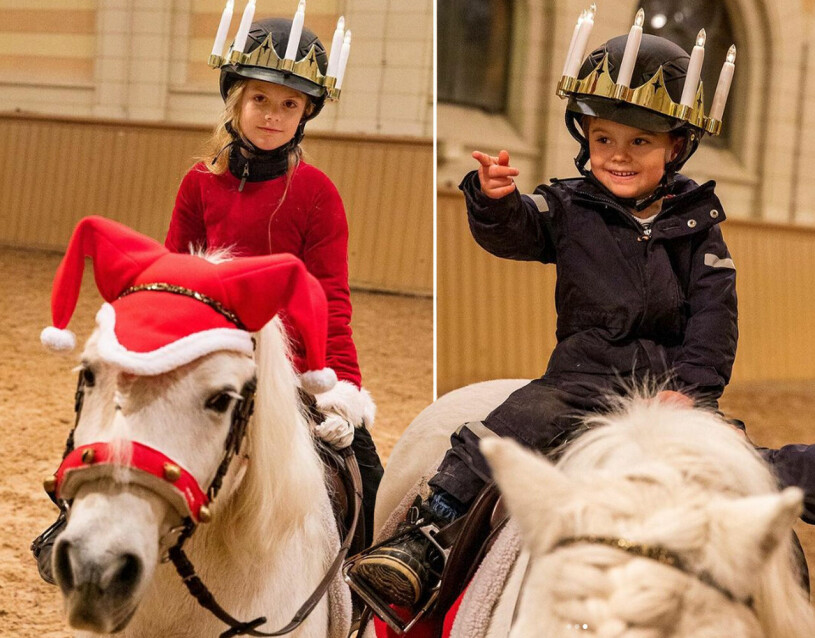 Estelle och Oscar i sadeln, hemma i ridhuset på Kungliga Hovstallet.