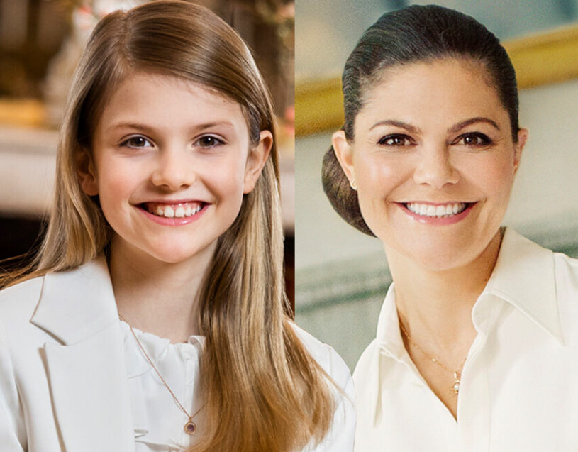 Vilken slående likhet! Prinsessan Estelle (fotograferad 2022) och kronprinsessan Victoria (2017) lika som bär