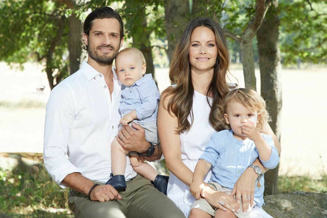 Prinsessan Sofia sitter i mitten på den nya bilden, men familjen bär samma kläder som på denna, som hovet valde att visa upp istället. 