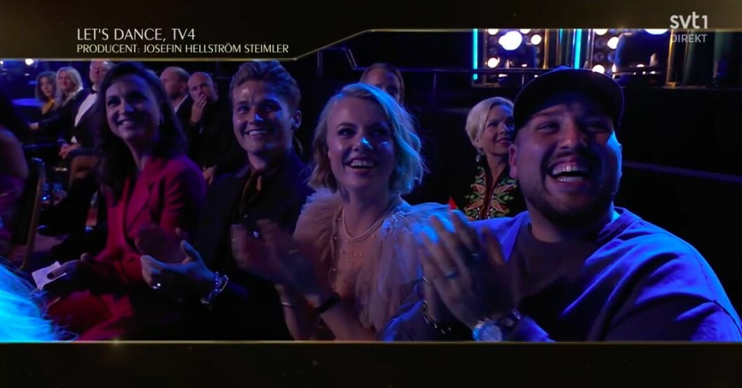 Filip Lamprecht och Linn Hegdal – återförenade! Bredvid hittar vi Petra Mede och Anis Don Demina. Petra Mede, Filip Lamprecht, Linn Hegdal och Anis Don Demina
