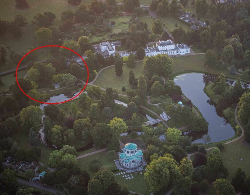 Frogmore Cottage, här inringat med rött. Byggnaden med det gröna taket är det kungliga mausoleet. Frogmore Cottage Prins Harry Meghan Markle Prinsessan Eugenie