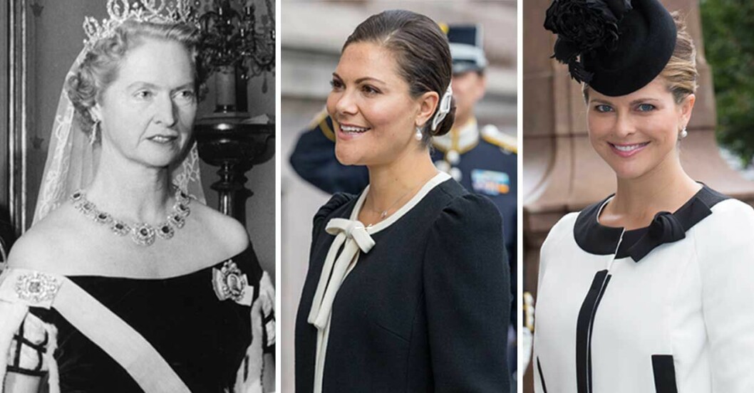 Victorias och Madeleines farmor prinsessan Sibylla 1957, klädd i sin hovdräkt med gallerärmar. Kronprinsessan Victorias och prinsessan Madeleines mormor prinsessan Sibylla i hovdräkten med gallerärmar. Det var Gustaf III som införde den, år 1778. Fast då var den svart och röd till vardags, och vit och blå när det var fest.