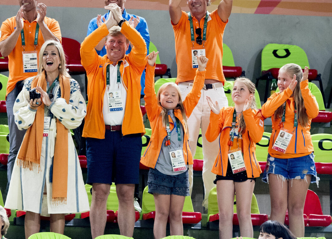 King Willem-Alexander and Queen Maxima of The Netherlands, along with their daughters, princesses Amalia, Alexia and Ariane ,are seen in the stands during the hockey quarterfinal game Netherlands v Argentina at the Olympics in Rio de Janeiro, Brazil, August 15, 2016. Photo by Robin Utrecht/ABACAPRESS.COM (c) Abaca / IBL