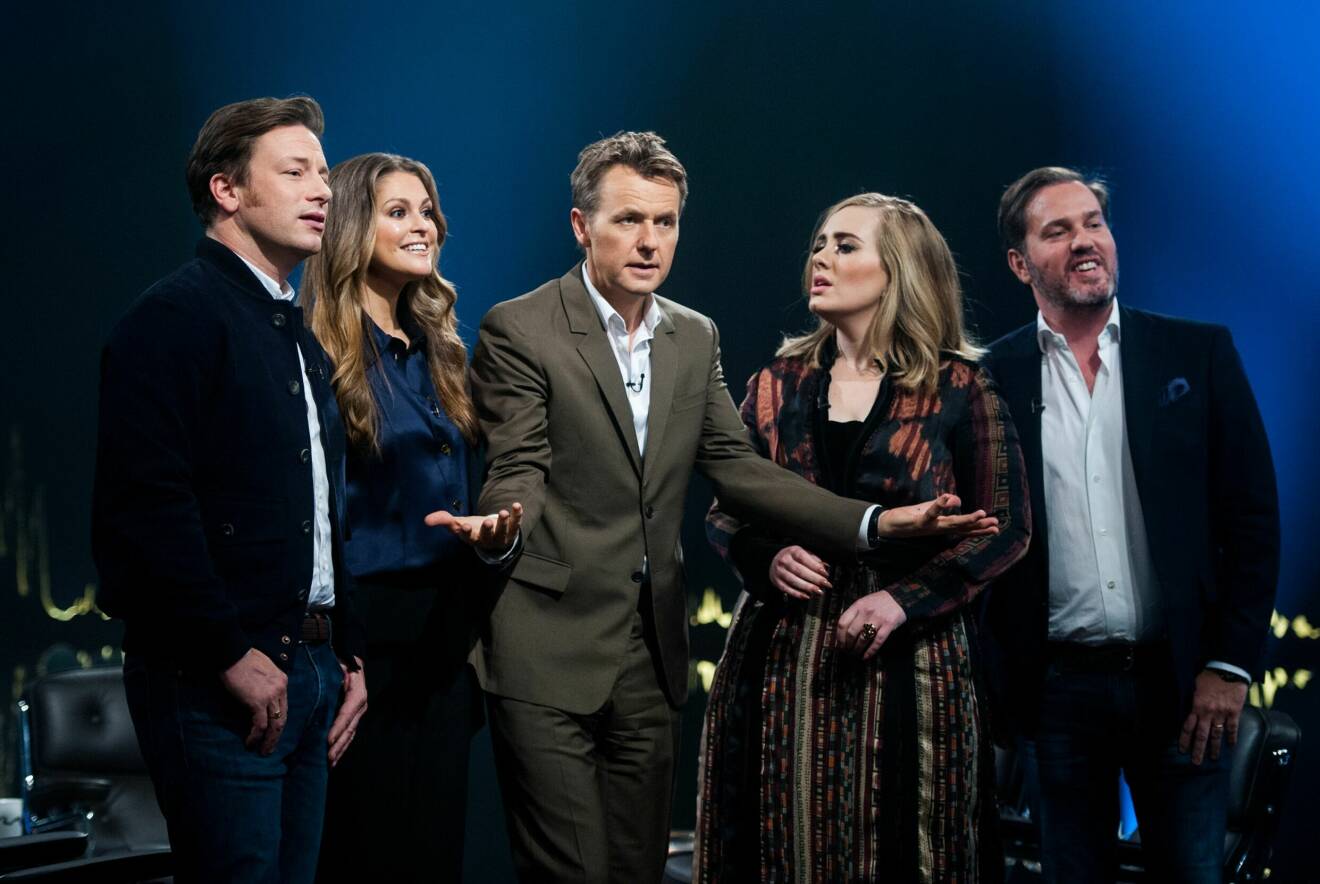 Fredrik Skavlan med prinsessan Madeleine, Chris O'Neill, Adele och Jamie Oliver