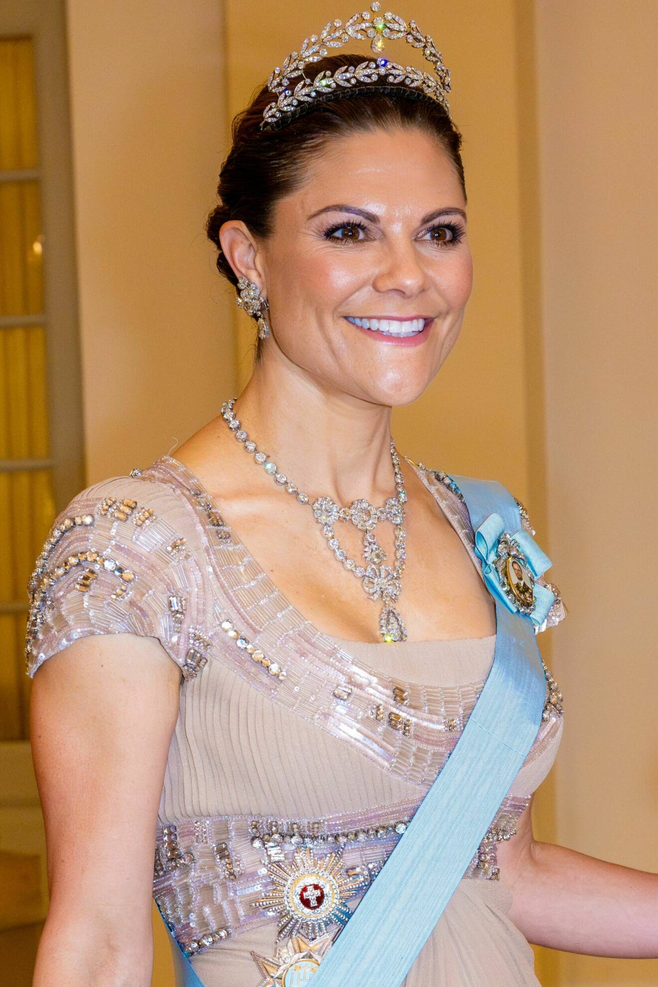 Närbild på kronprinsessan Victorias puderrosa aftonklänning från Elie Saab