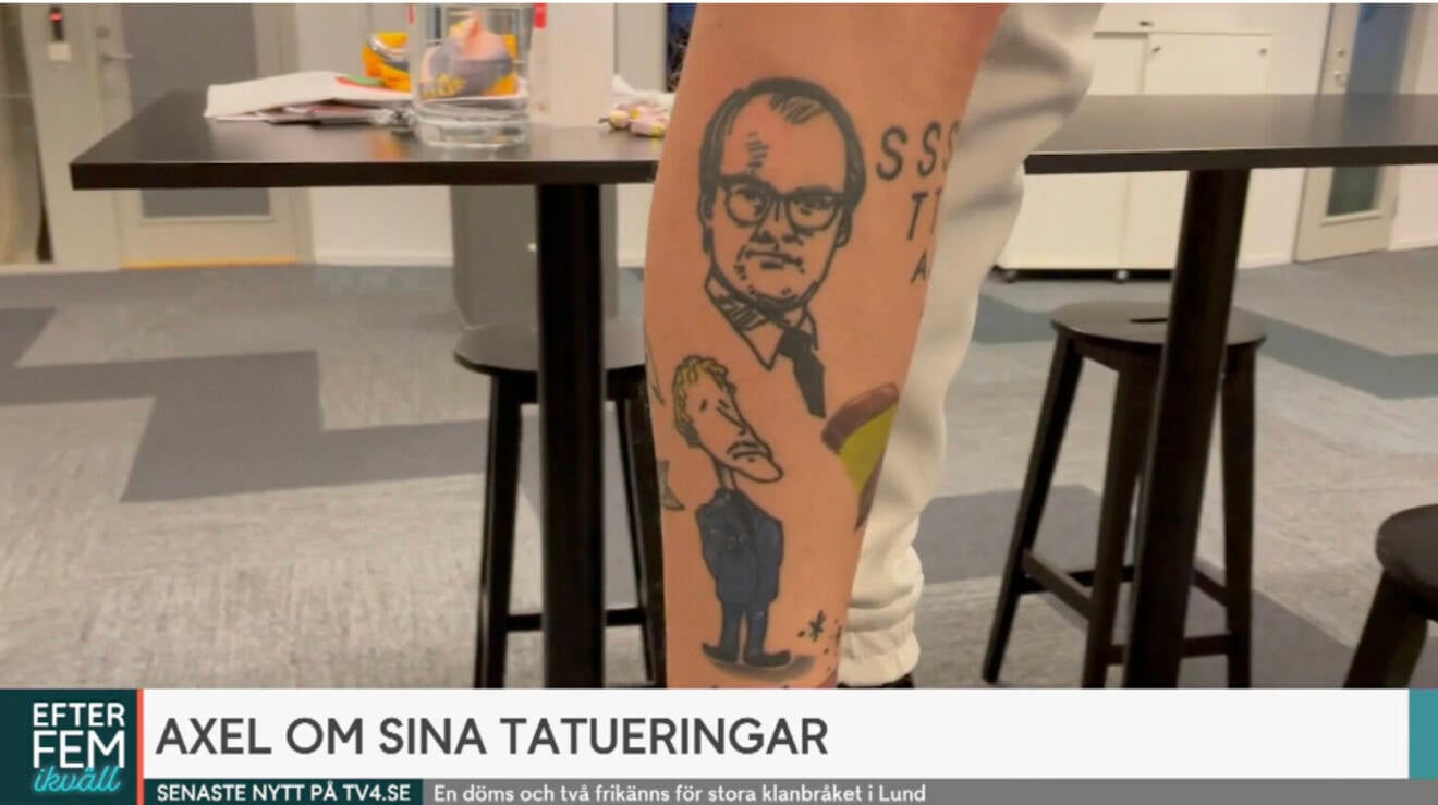 Axel Pilebys vad, som har en tatuering av Nilecity-karaktären Percy Nilegård