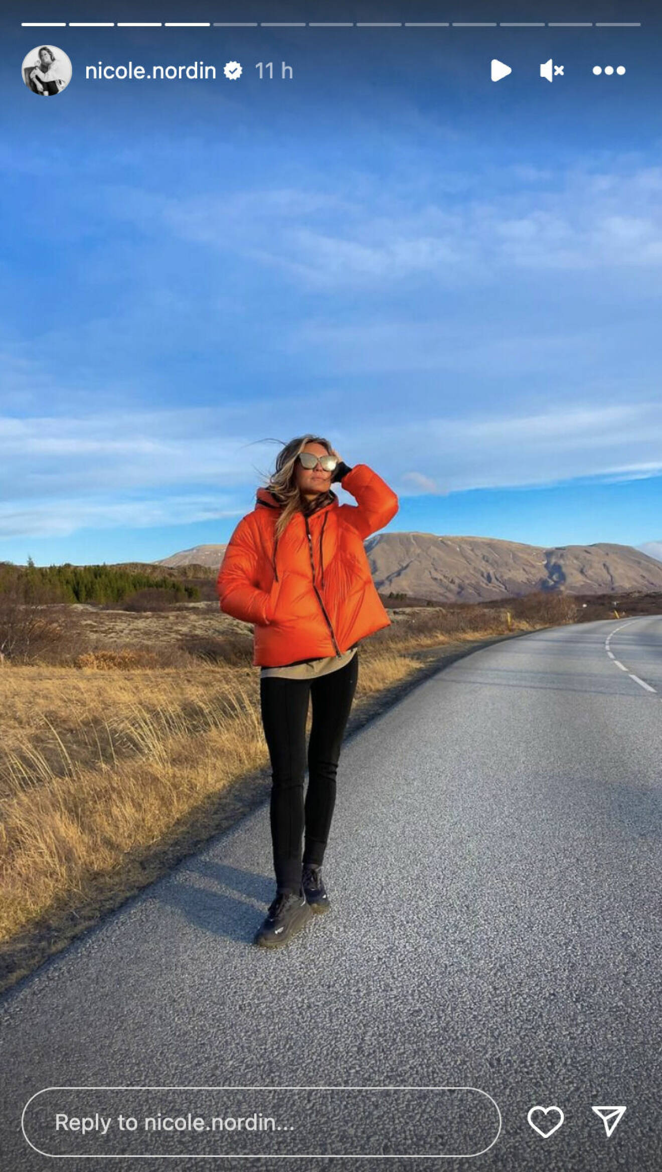 En skärmdump från Nicole Nordins Instagram-story, Nicole står på en väg på Island